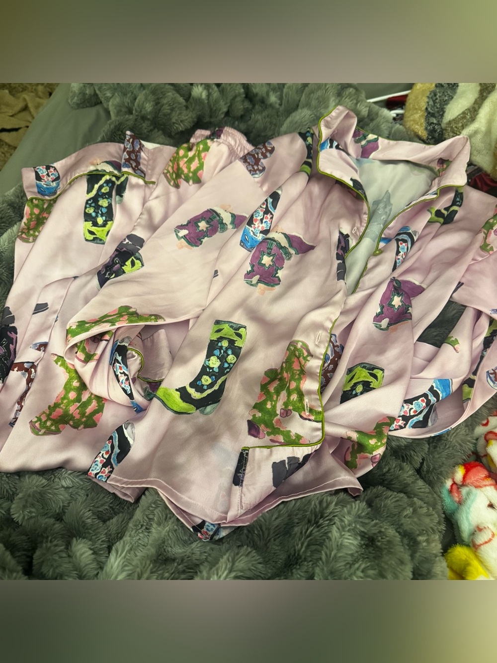 Nasty Gal Silk Pajama Top with Colorful Boot Print